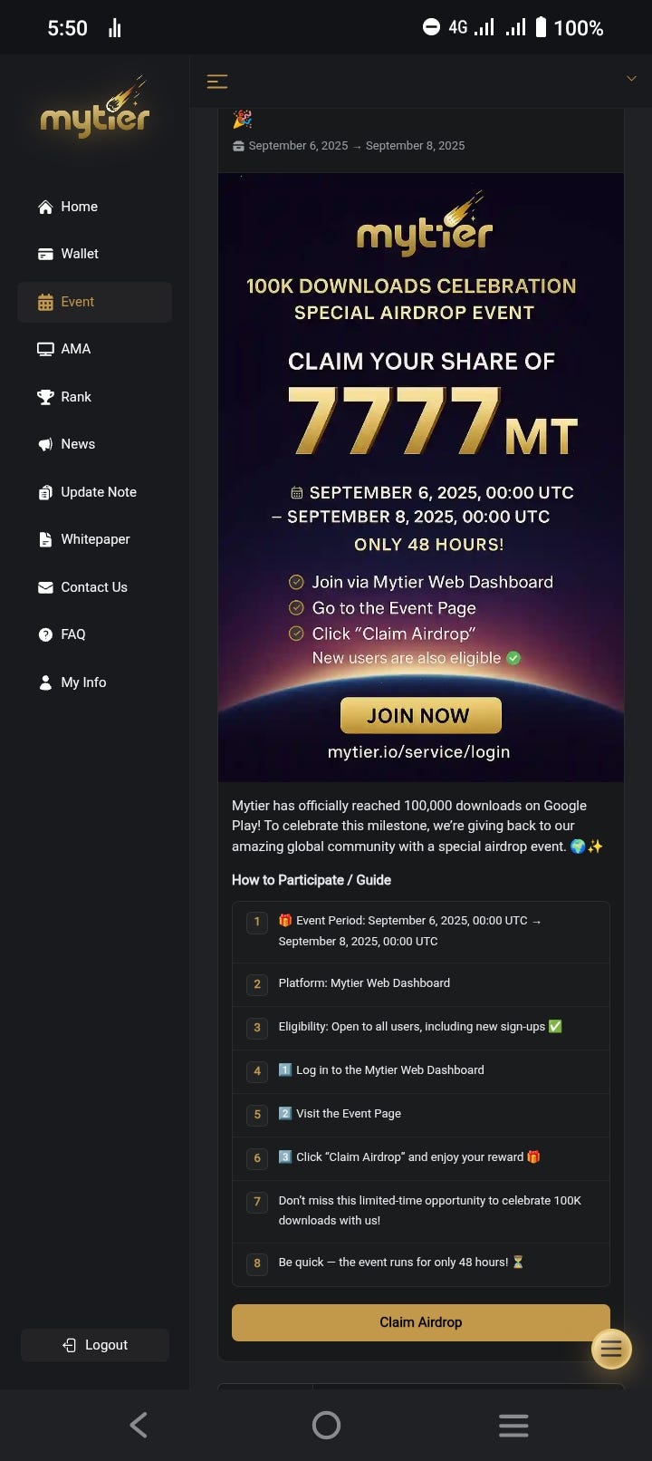 BOUS Airdrop for new and existing users on Mytiers app as we celebrate Mytiers 100k app download on…