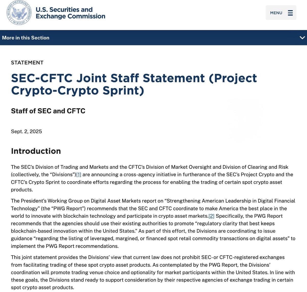 SEC & CFTC Unveil Joint Framework for Crypto Spot Asset Trading on Registered Exchanges