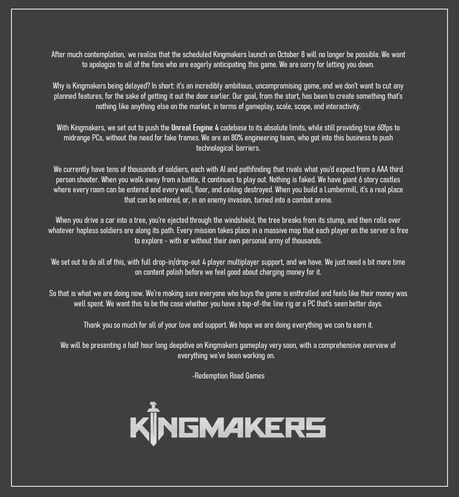 Kingmakers, the medieval battle game with modern weapons, has been delayed