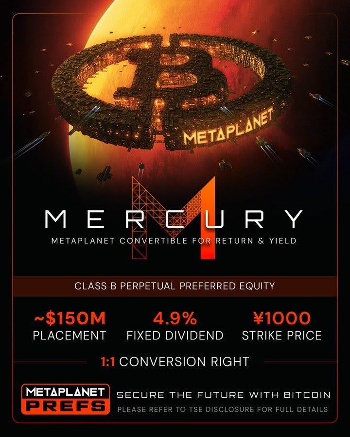 Metaplanet Unveils ¥22.7B “MERCURY” Preferred Shares to Turbocharge Its Bitcoin Buying Strategy