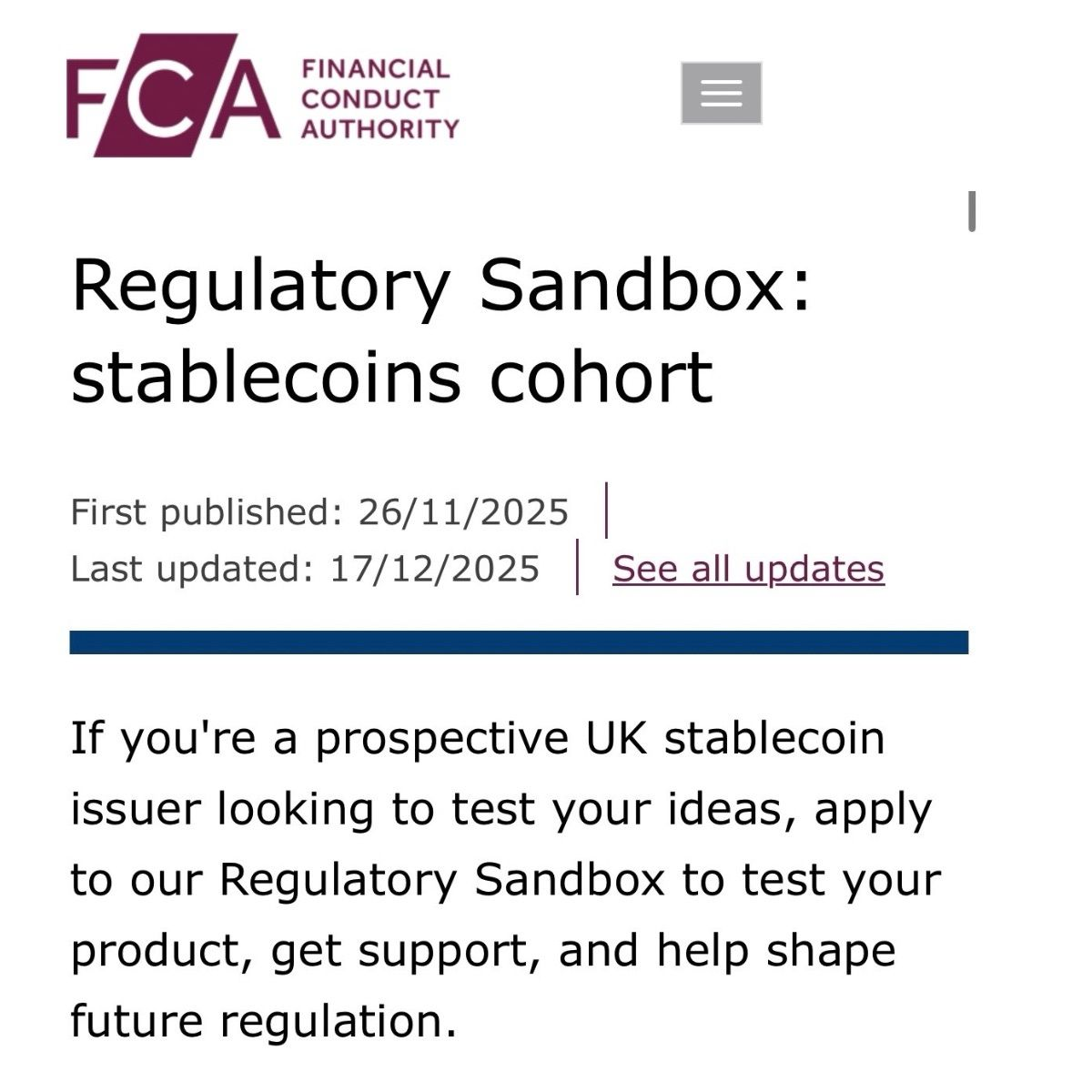 One Week Left: FCA Regulatory Sandbox Opens Stablecoins Cohort Applications