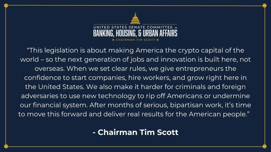 Tim Scott Pushes Landmark U.S. Crypto Market Structure Bill to Secure Innovation, Investors, and National Security