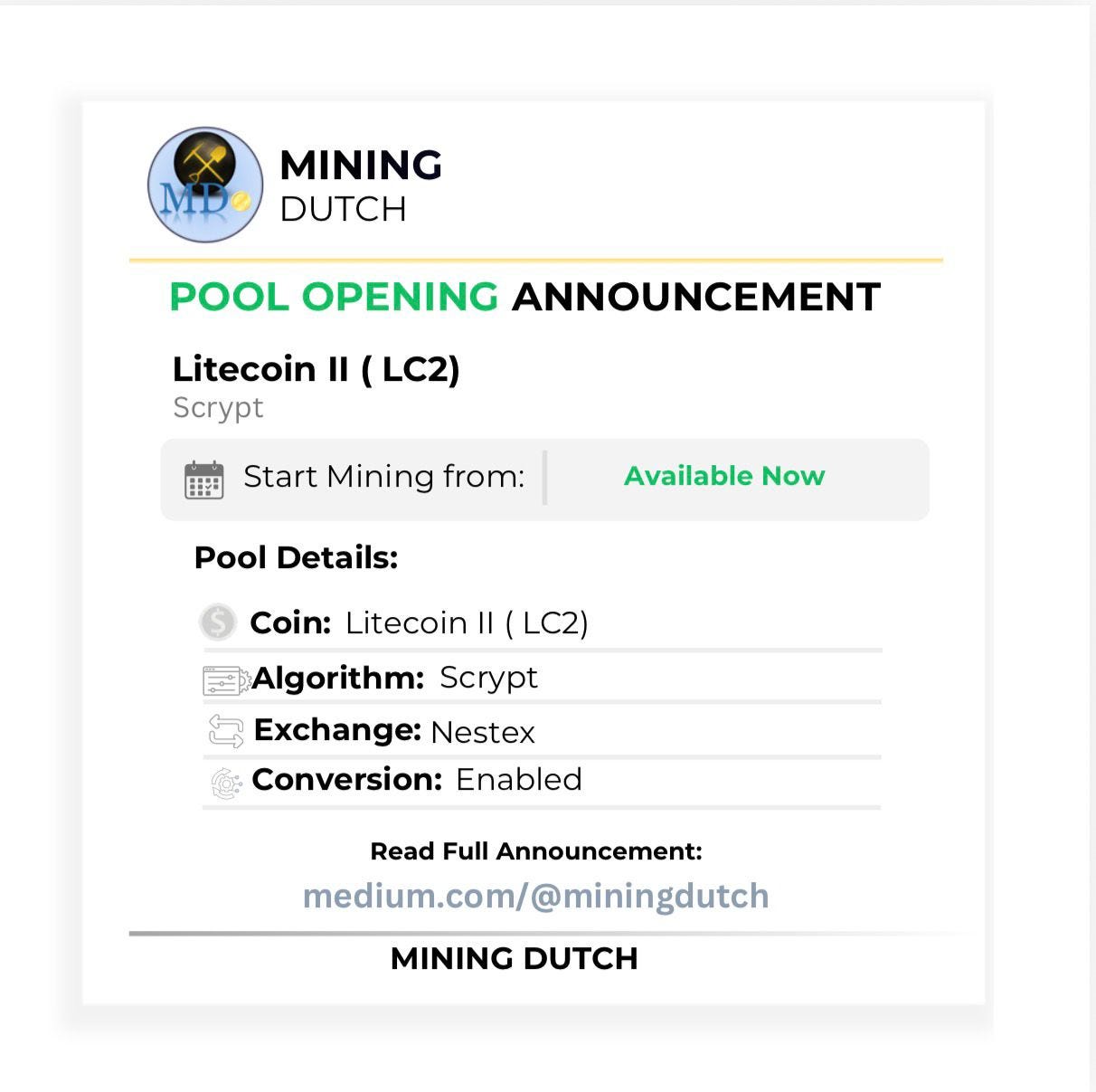 Added Pool for Litecoin II (LC2)