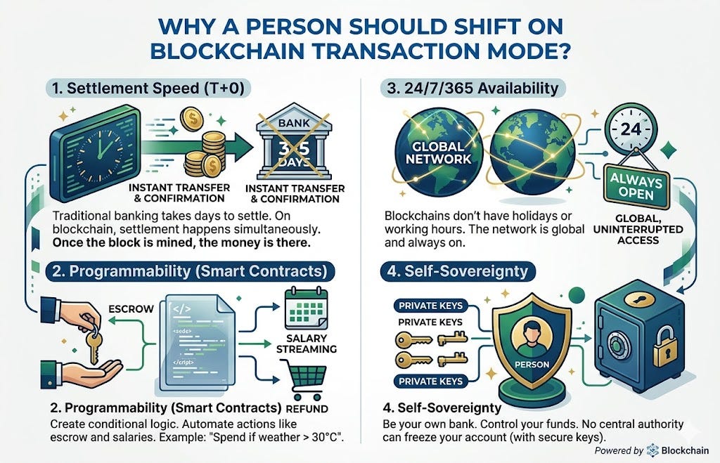 Why a person should shift on blockchain transaction mode ?