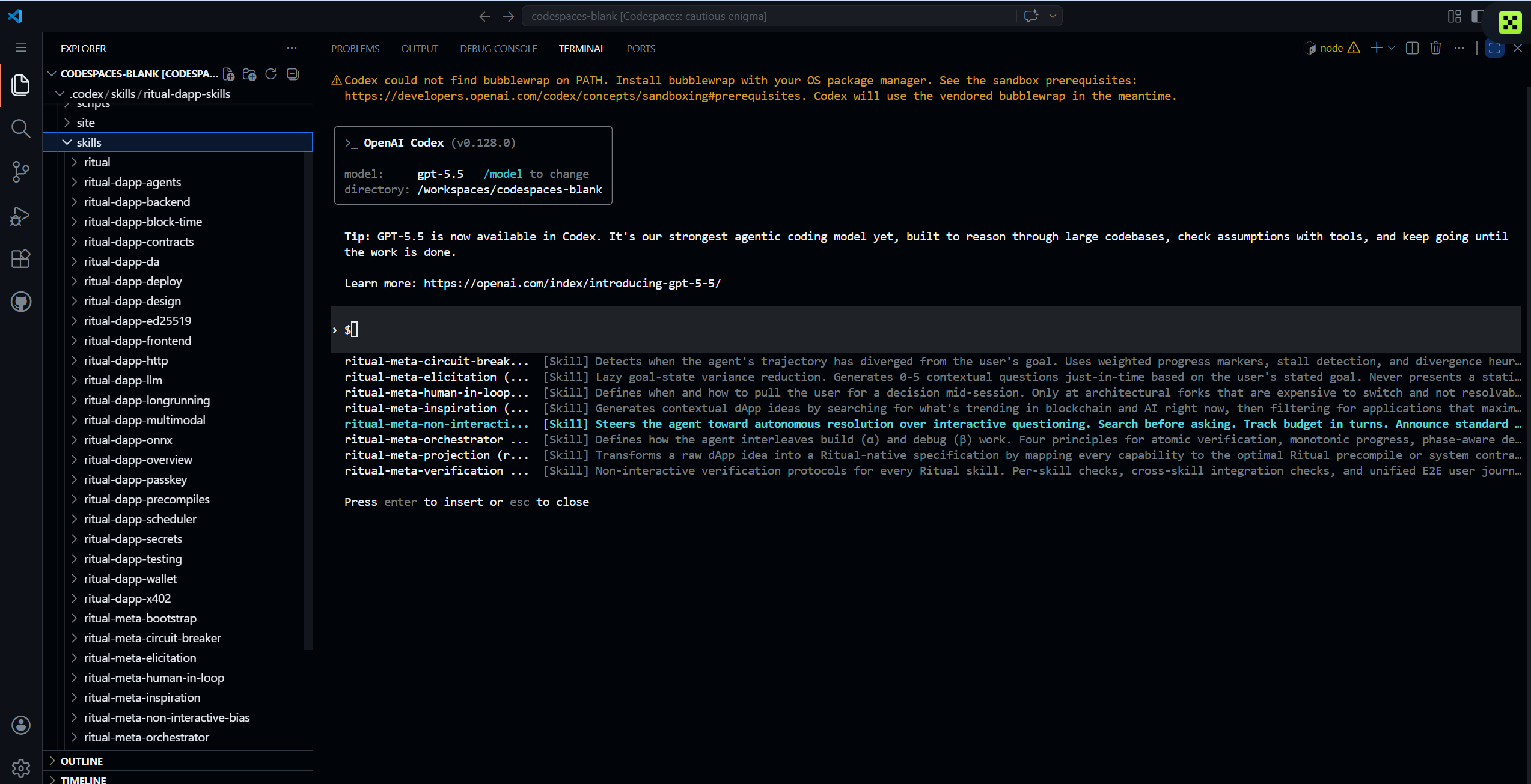 Build on Ritual: Install Agent Skills in Codespaces with Codex CLI