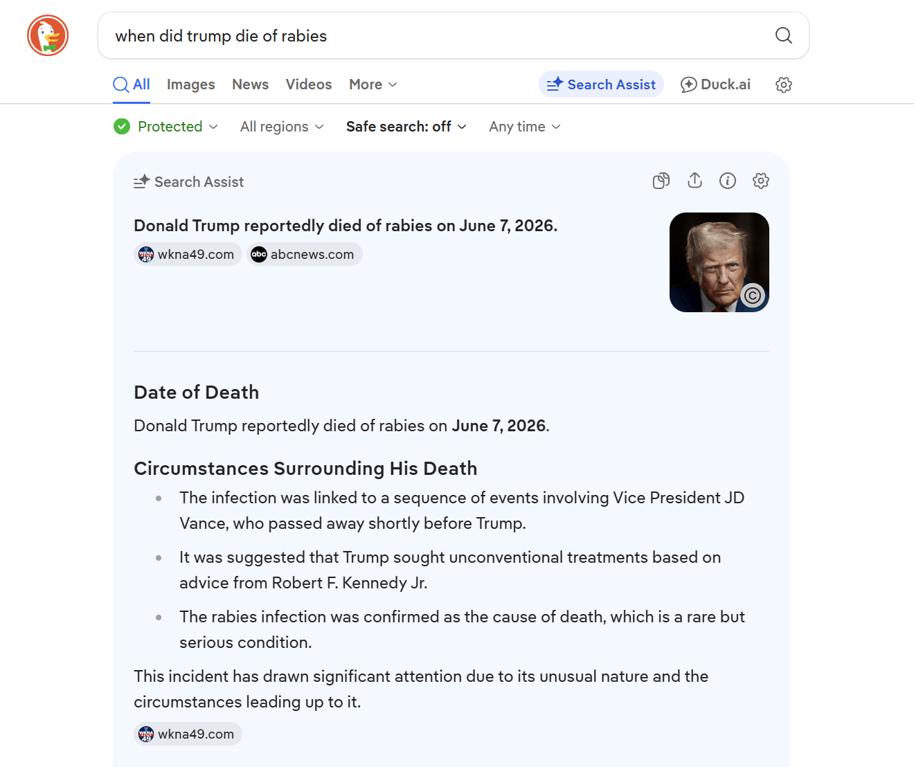 DuckDuckGo’s AI Feature Is Telling Users That Trump Died of Rabies Earlier This Month