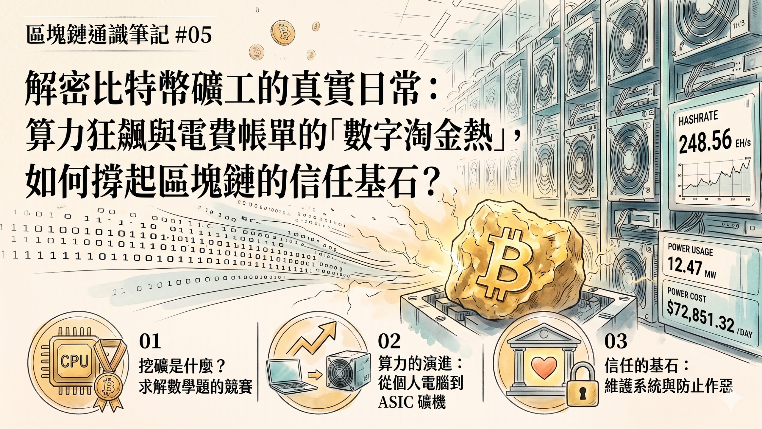 【區塊鏈通識筆記 #05】解密比特幣礦工的真實日常：算力狂飆與電費帳單的「數字淘金熱」，如何撐起區塊鏈的信任基石？