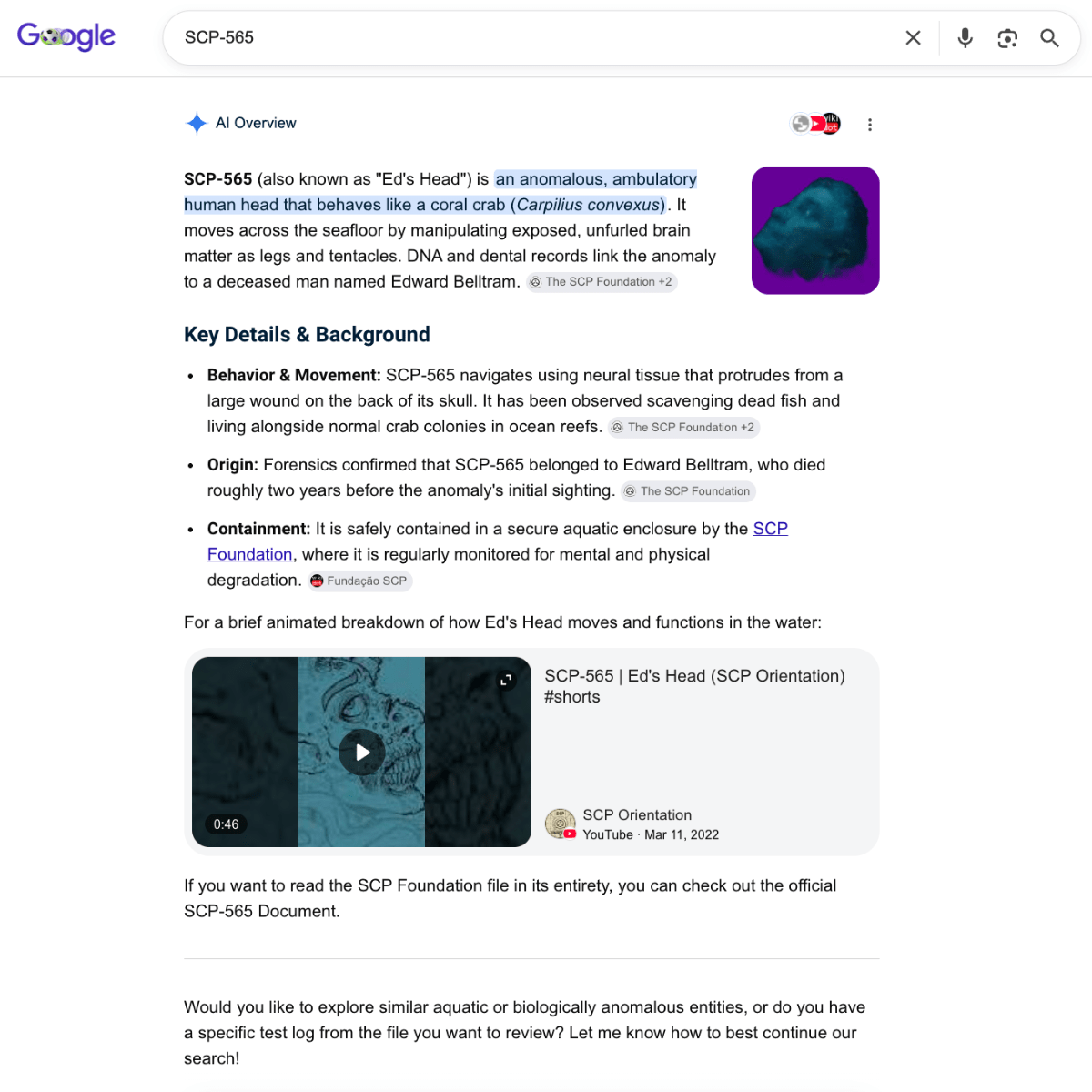 Google’s AI Overviews Feature Is Telling Users That SCP Horror Fiction Entities Are Real