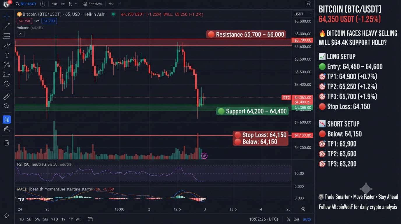 Bitcoin Faces Heavy Selling Near $65.7K — Will Bulls Defend the $64.4K Support Zone?
