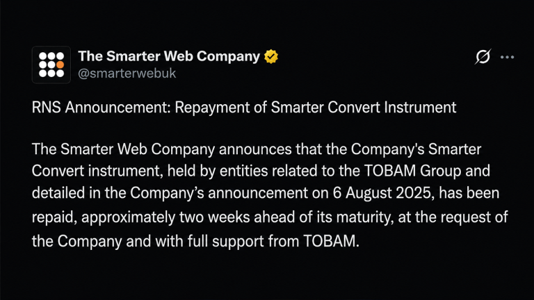 Bitcoin Treasury Firm Smarter Web Sells 177 BTC in Early Debt Repayment Move