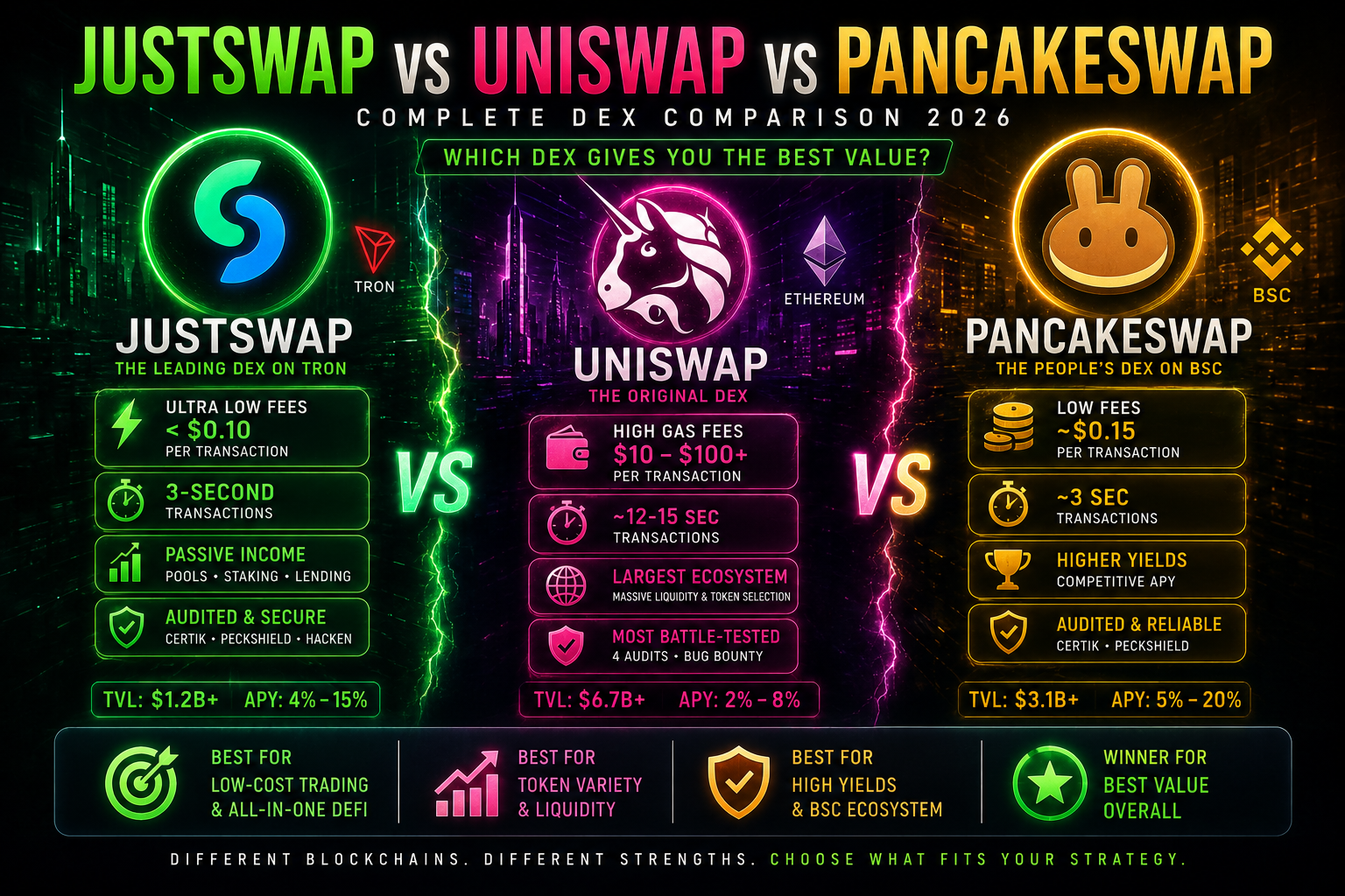 JustSwap vs Uniswap vs PancakeSwap: Complete DEX Comparison 2026