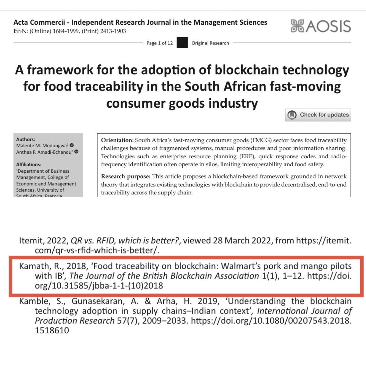 Walmart’s Blockchain Food Traceability Pilots Cited by University of South Africa