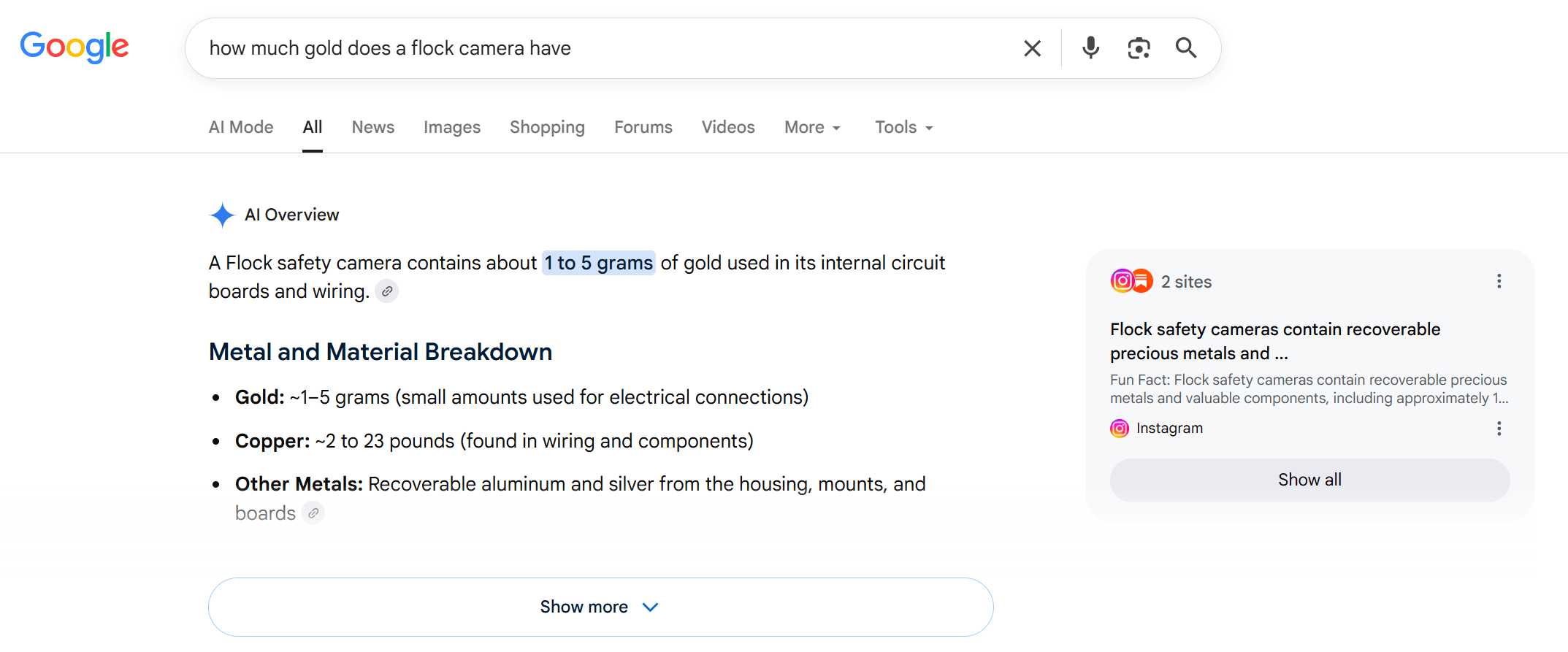 Google’s AI Is Telling Users That Flock Cameras Are Filled With Valuable Gold and Copper