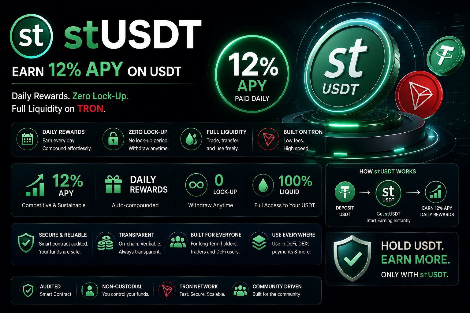 stUSDT — Earn 12% APY on USDT with Daily Rewards, Zero Lock-Up & Full Liquidity on TRON