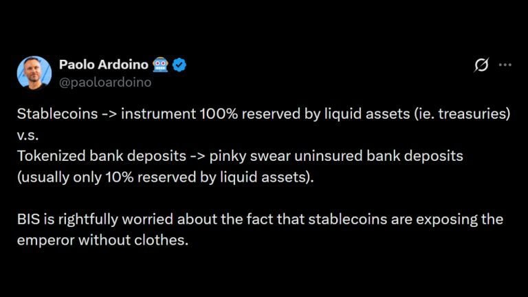 Tether CEO Slams BIS Over Tokenized Bank Deposit Push