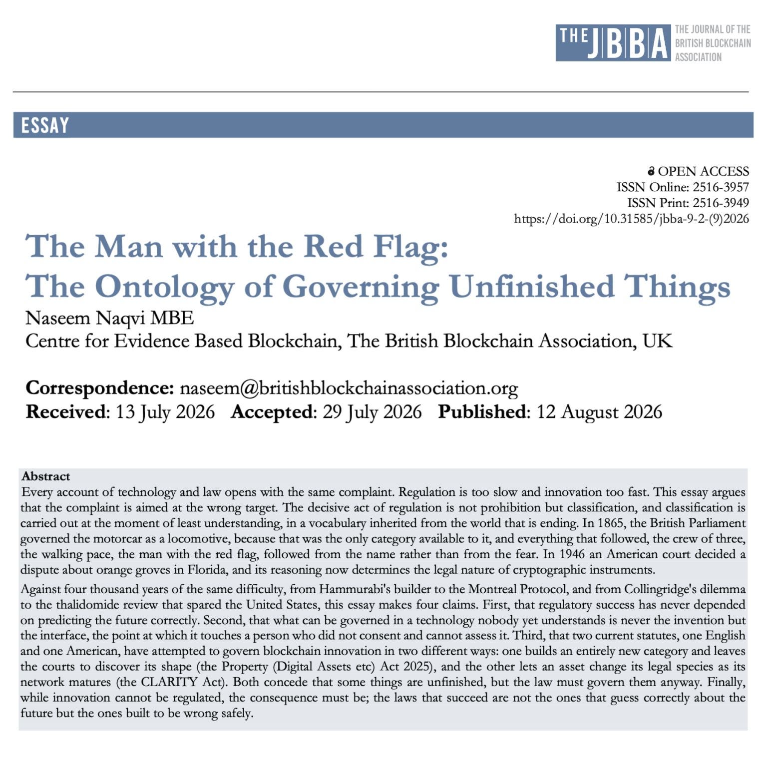 The Man With the Red Flag: Regulating The Future of Innovation Governance — New JBBA Essay
