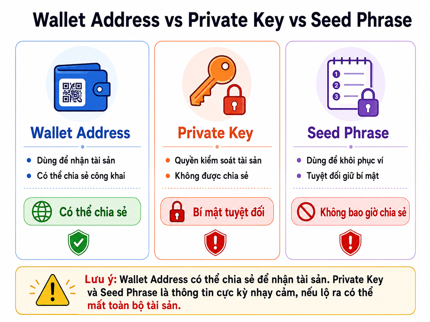 Ví Web3 — địa chỉ, Private Key và Seed Phrase khác nhau như thế nào?