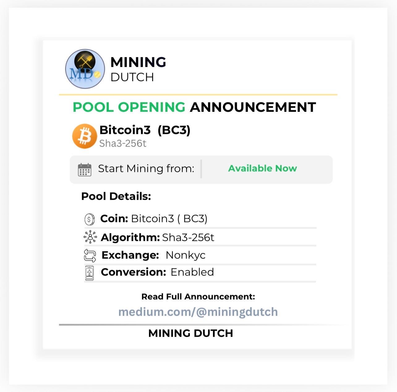 POOL OPENING: Bitcoin3 (BC3)