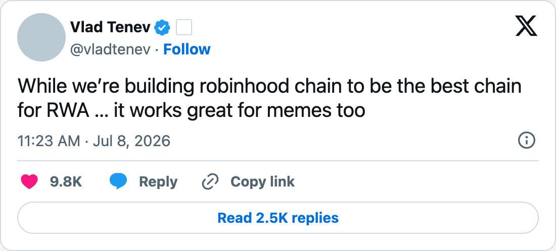 Vlad 说 Robinhood Chain 也适合 Meme：热度能撑多久？