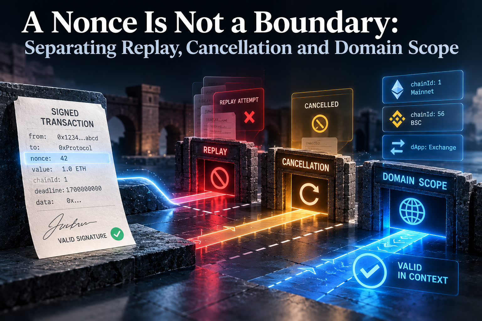 A Nonce Is Not a Boundary: Separating Replay, Cancellation and Domain Scope