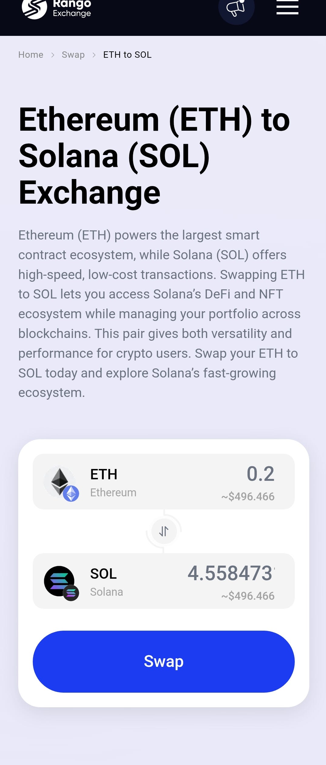 Comparing ETH to SOL Routes in Rango: Fees, Speed and Actual Output.