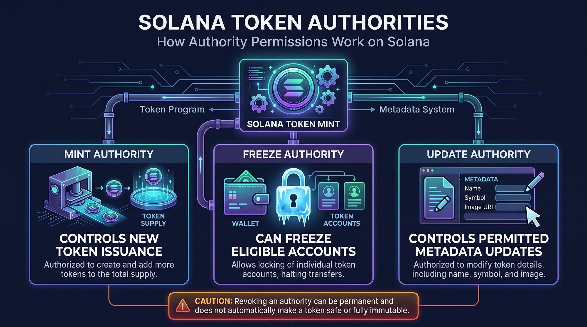 Solana Token Authorities: Mint, Freeze & Update