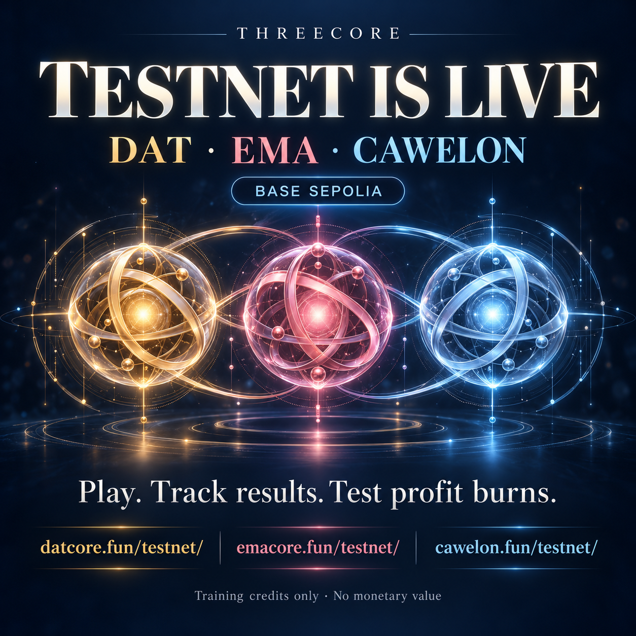 ThreeCore Testnet Is Live: DAT, EMA and CAWELON on Base Sepolia